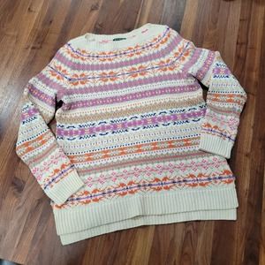 Lauren Ralph Lauren Fair Isle Knit ivory, blue, and orange Sweater, Cotton Blend